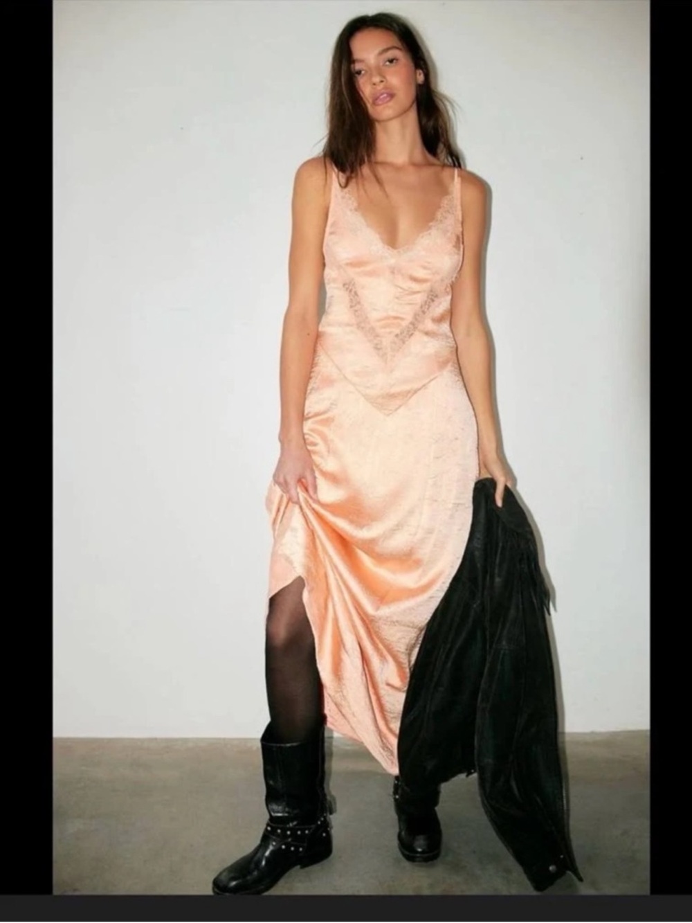 Free People Maybe Forever Peach  Bellini Lace Satin Slip Maxi Dress Size 0